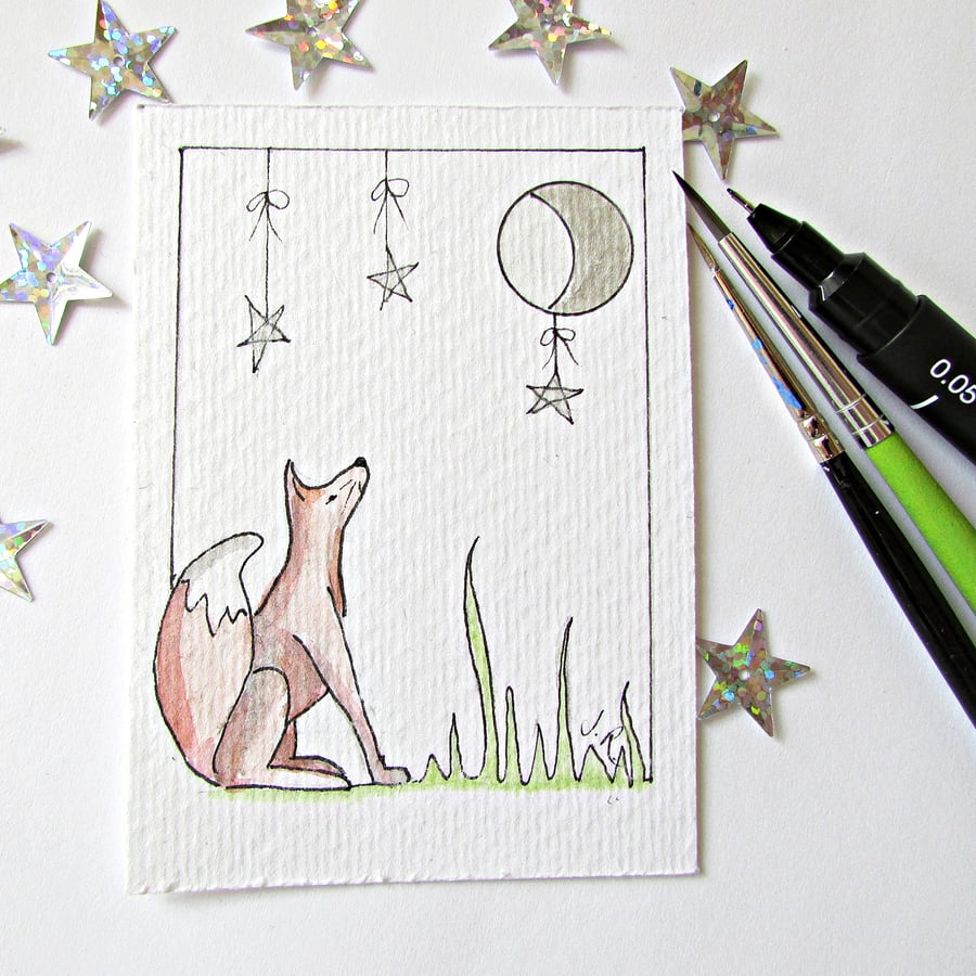 Original ACEO, Moon Gazing Fox, Small Art, Illustration