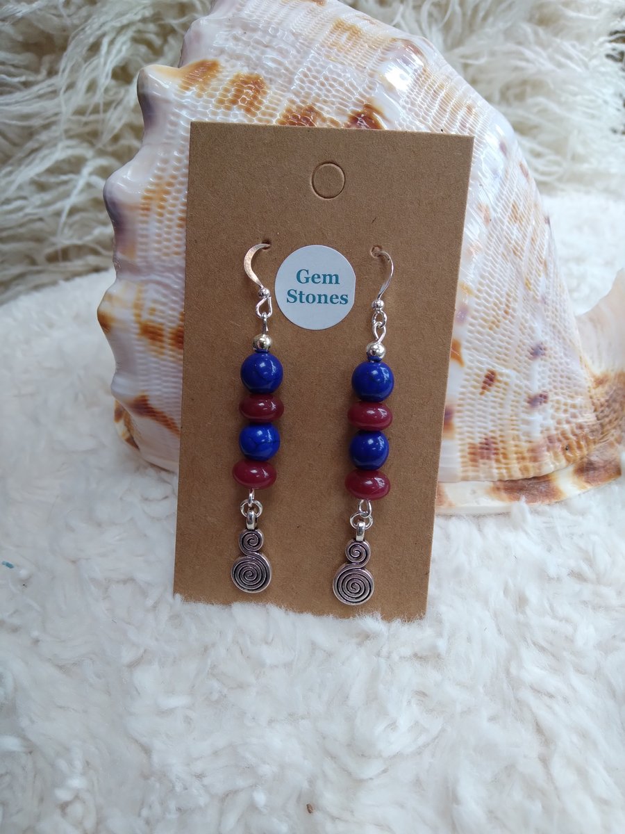 RUBY rondelle and BLUE HOWLITE smooth beads TIBETAN SILVER spiral charm EARRINGS