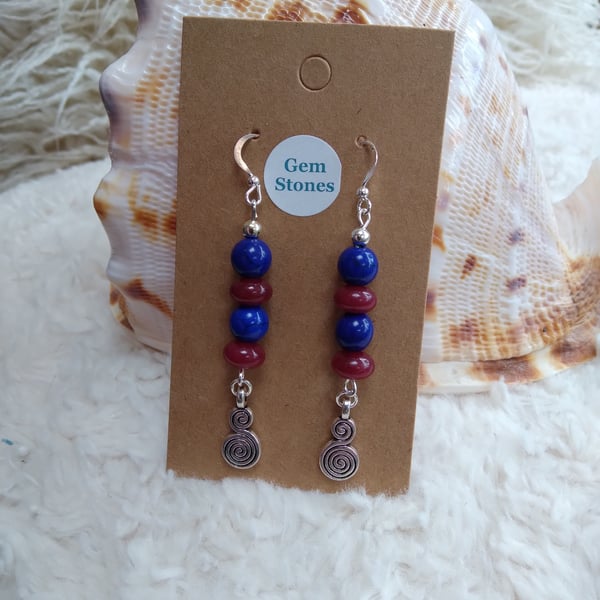RUBY rondelle and BLUE HOWLITE smooth beads TIBETAN SILVER spiral charm EARRINGS