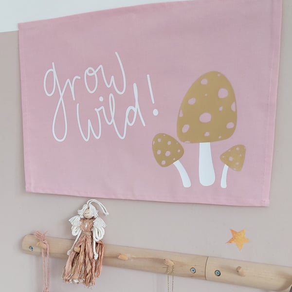 Seconds Sale - Kids Toadstool Wall Banner - Grow Wild Mushroom Decor 