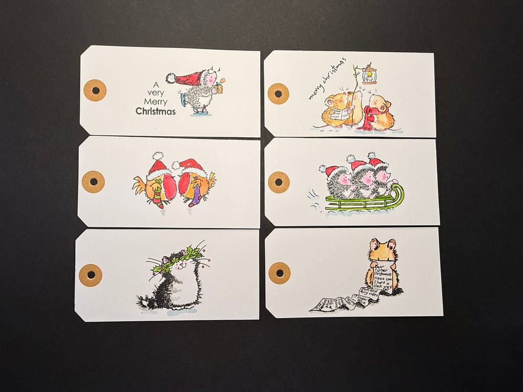 Set of six hand-painted Christmas gift labels using Penny Black stamps (Set 1)