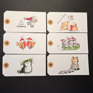 Set of six hand-painted Christmas gift labels using Penny Black stamps (Set 1)