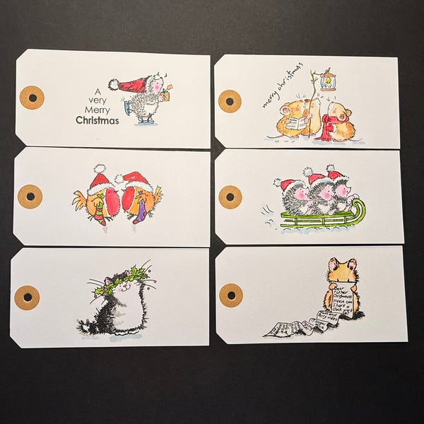 Set of six hand-painted Christmas gift labels using Penny Black stamps (Set 1)