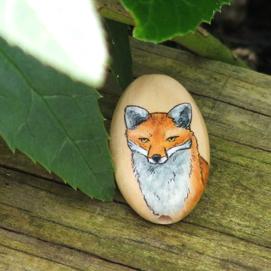 Hand painted wooden focal bead - Red Fox, 35 x 20mm