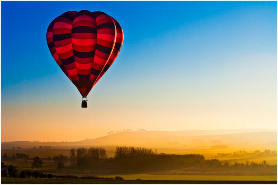 Red Hot Air Balloon sunset English countryside landscape view - Free UK Postage!