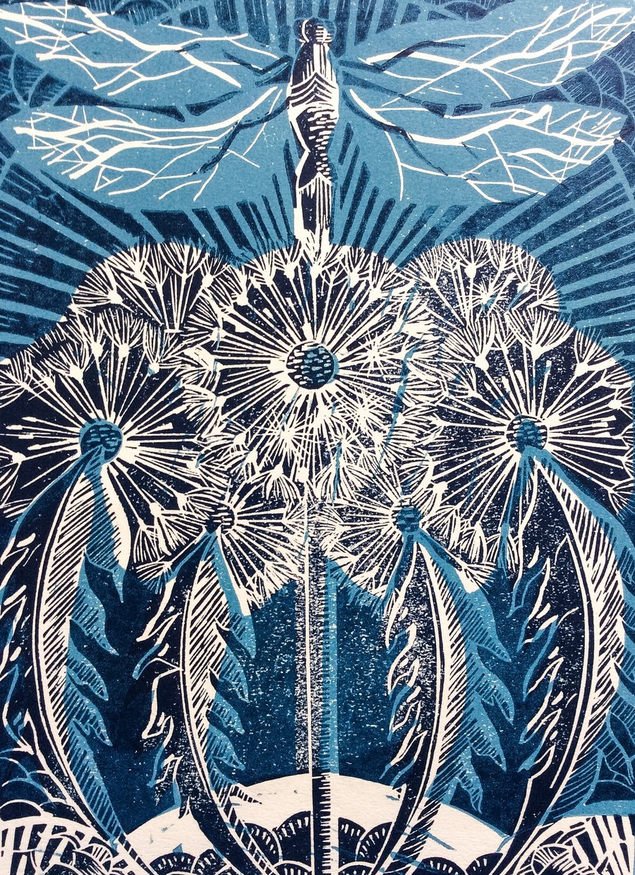 Dragonfly and Dandelions Hand printed Linocut Print