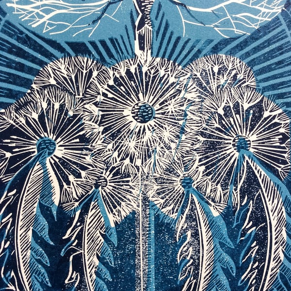 Dragonfly and Dandelions Hand printed Linocut Print