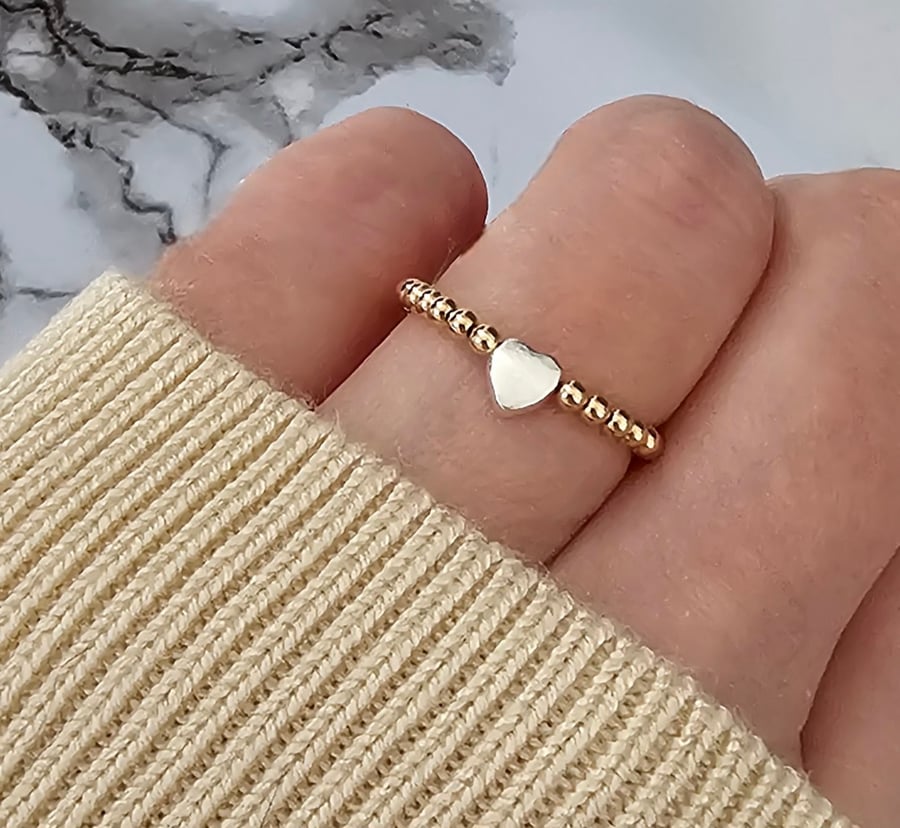14k Gold Filled Beaded Stretch Ring, Sterling Silver Heart Charm