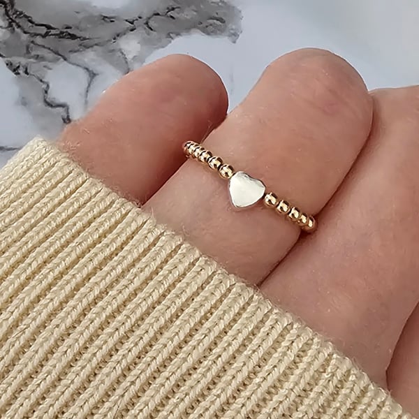 14k Gold Filled Beaded Stretch Ring, Sterling Silver Heart Charm