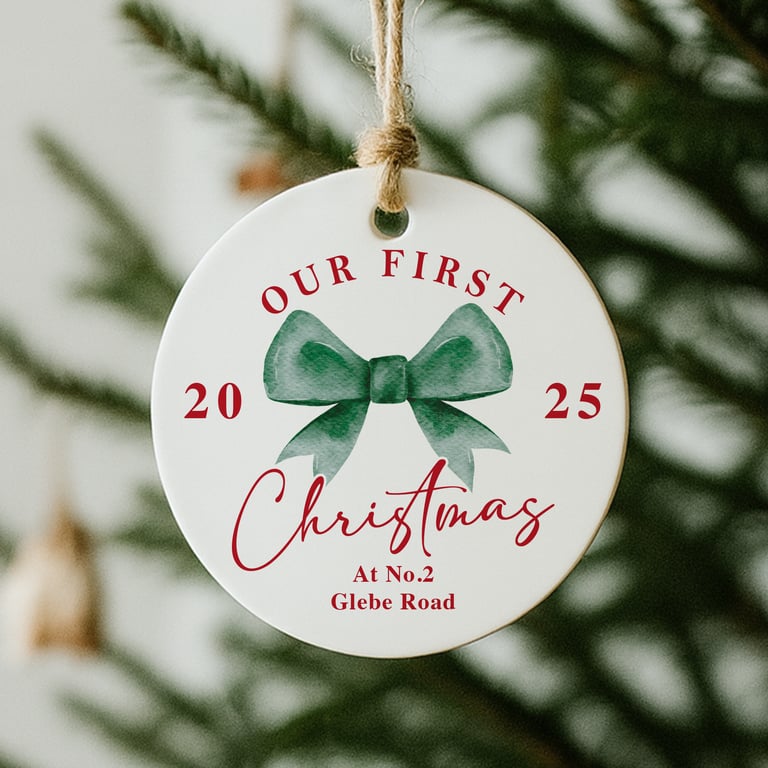 Personalised First Christmas New Home Ornament – Custom Moving Gift Bow Bauble