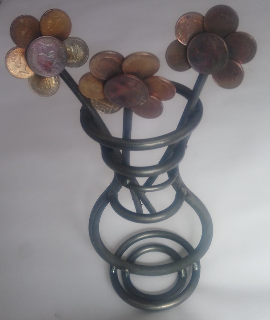 Handcrafted Coin and Steel Flower Vase Ornament