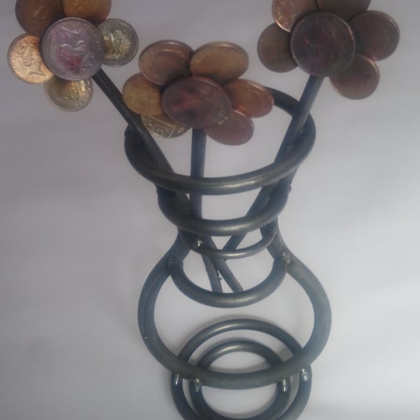 Handcrafted Coin and Steel Flower Vase Ornament