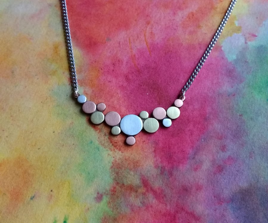 Pebbles Curved Necklace, Copper, Brass & Silver, 16'' Curb Chain