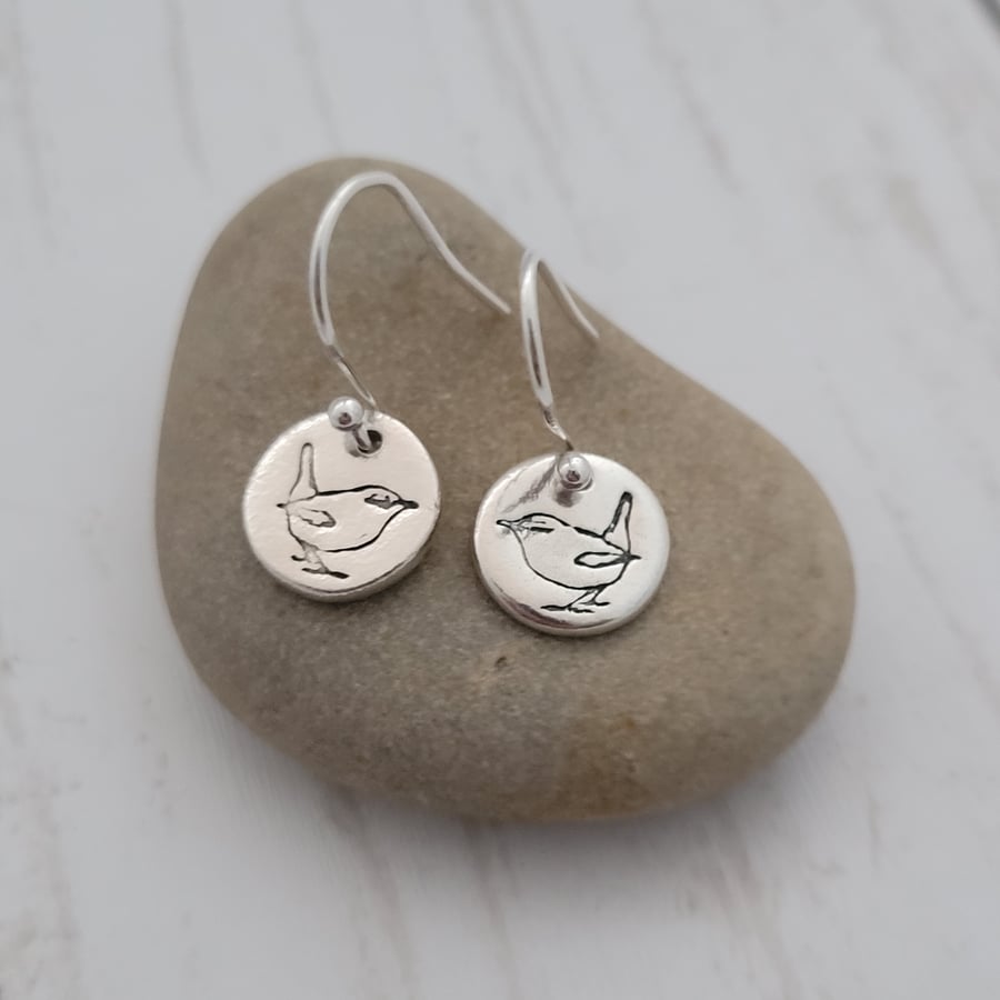 Dangle Wren Bird Earrings sterling silver