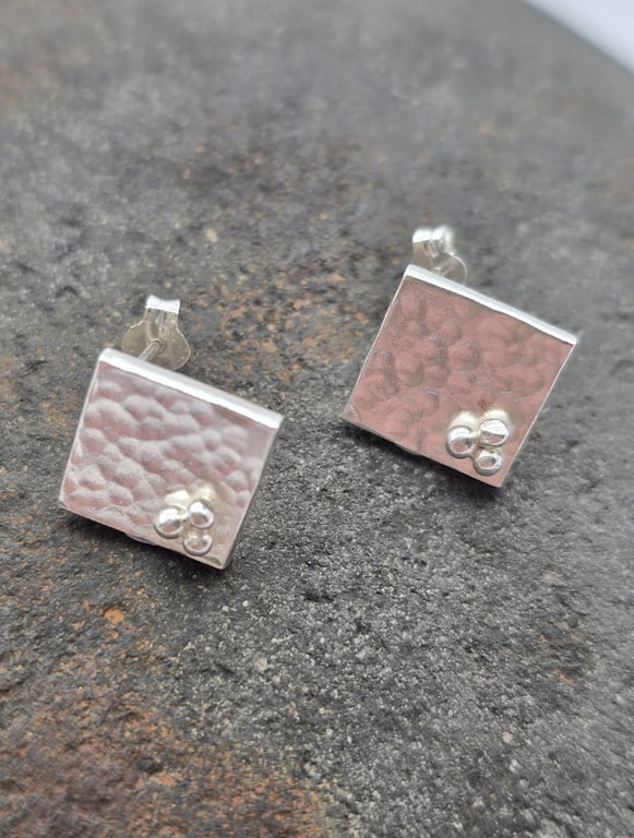 Recycled Sterling Silver Square Stud Earrings Hammered Textured