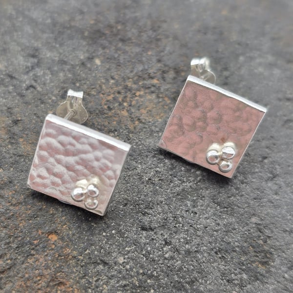 Recycled Sterling Silver Square Stud Earrings Hammered Textured