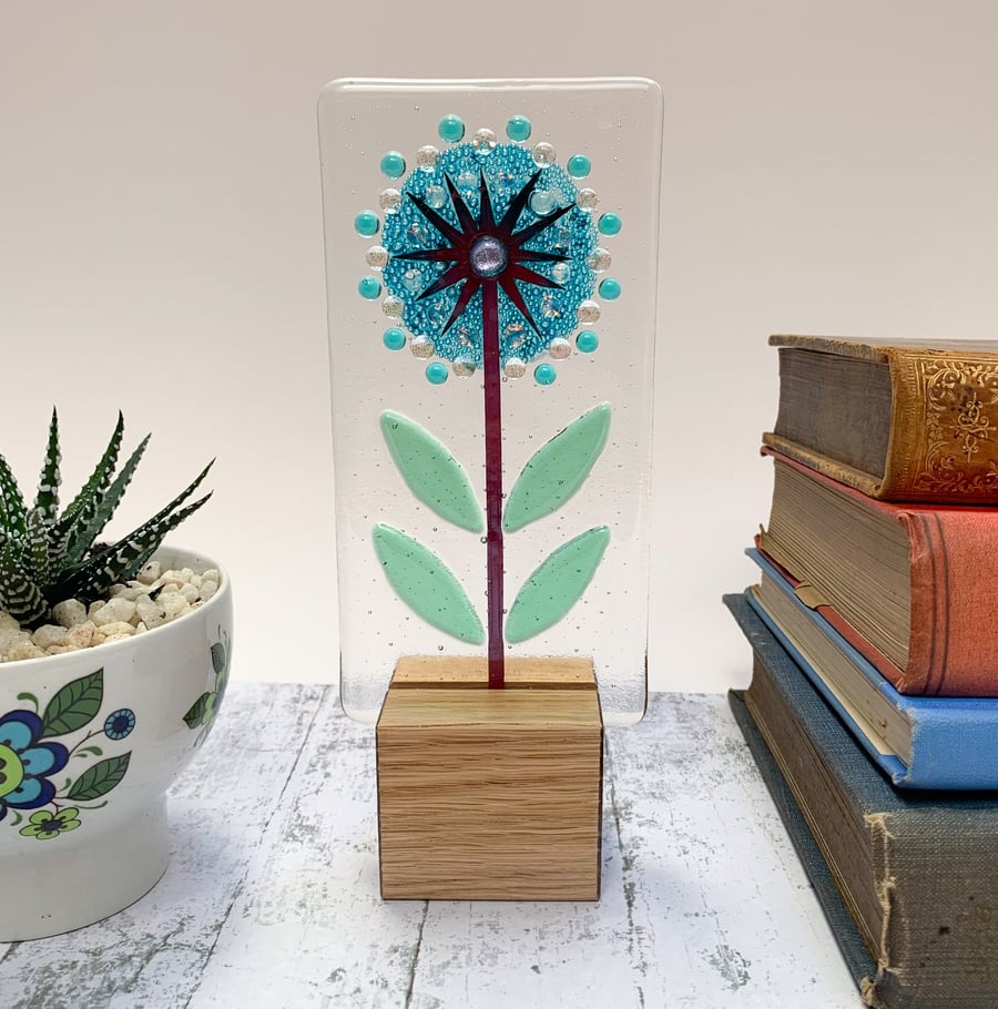 Fused Glass Allium on Oak 2 - Fused Glass Artwork