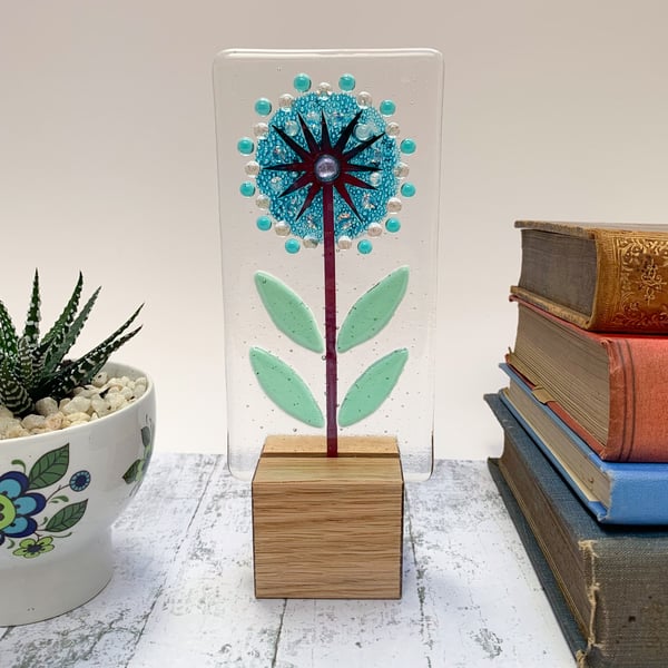 Fused Glass Allium on Oak 2 - Fused Glass Artwork