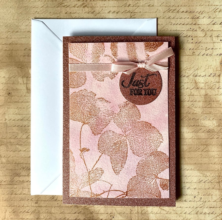 Handcrafted Pink and Copper Botanical Card – Just for You – Ink Floral Design