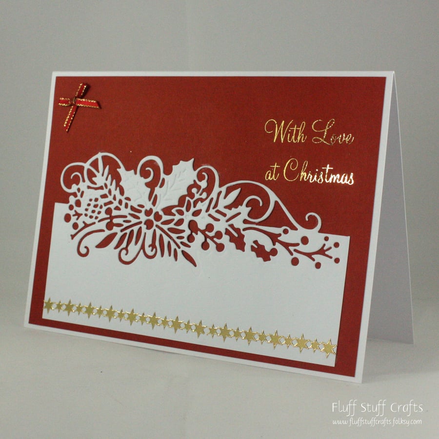 Handmade Christmas card - holly die cut panel