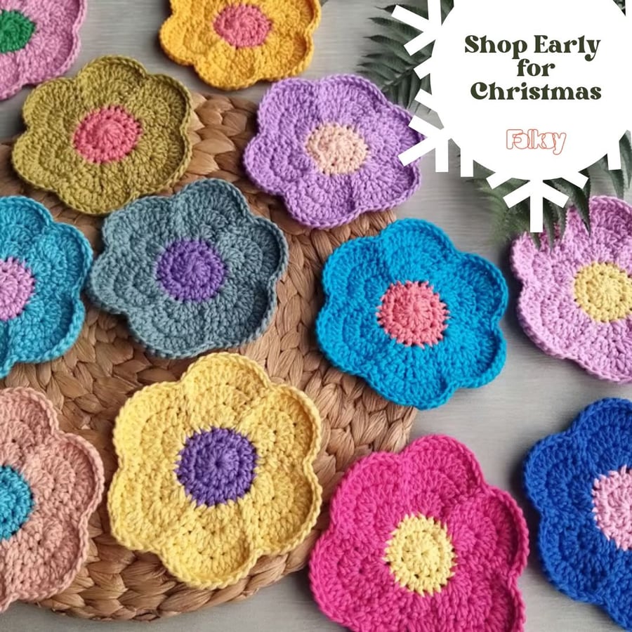Crochet Funky Flower Coasters Set of 4
