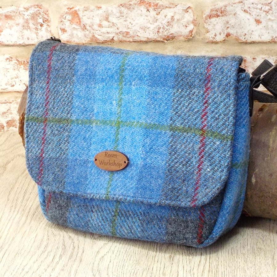 Harris tweed shoulderbag blue tartan cross body messenger bag