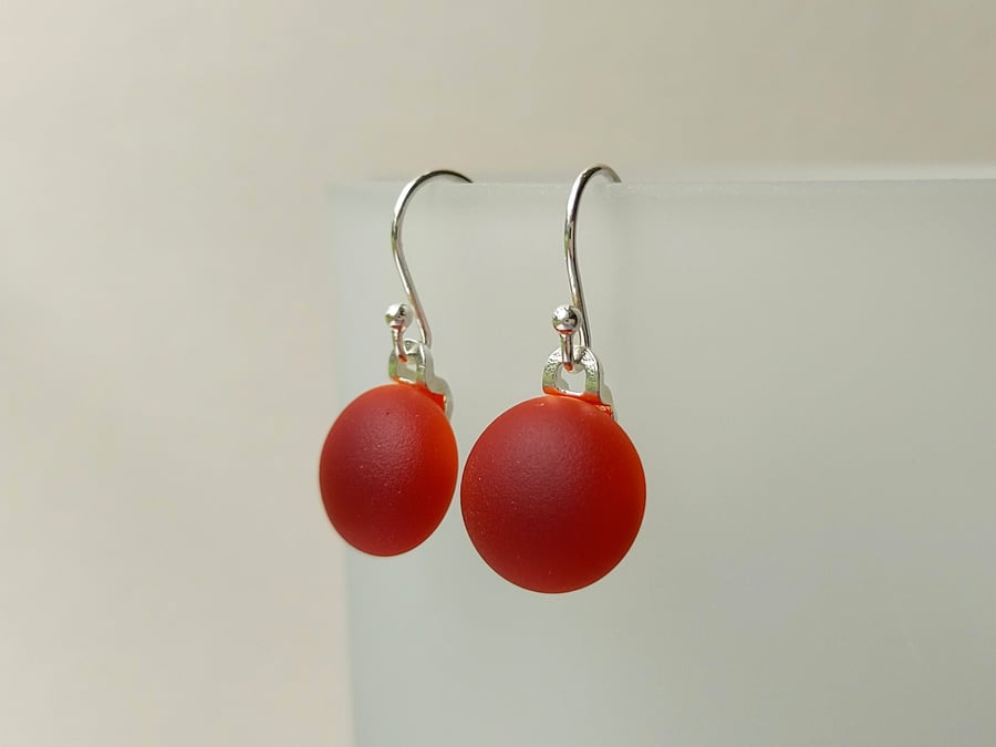 Flame Red drop earrings, fused glass, sterling silver earwires