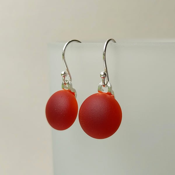 Flame Red drop earrings, fused glass, sterling silver earwires