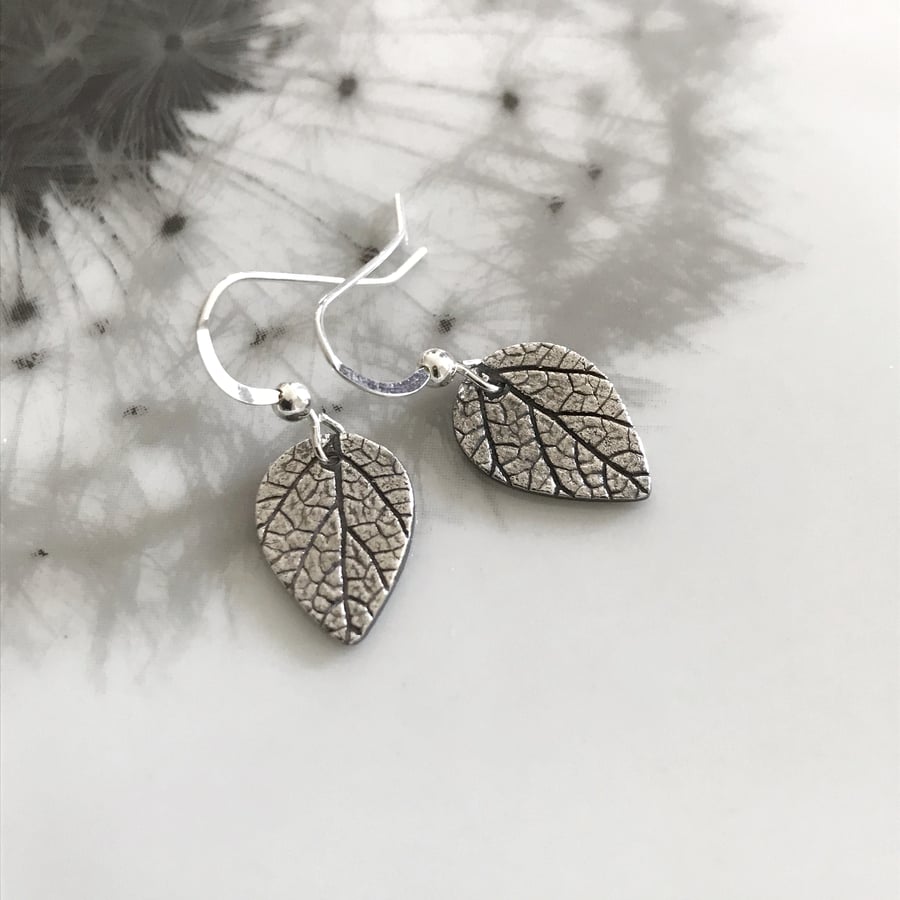 Small pear drop leaf print earrings, Silver Earrings, Dark Finish