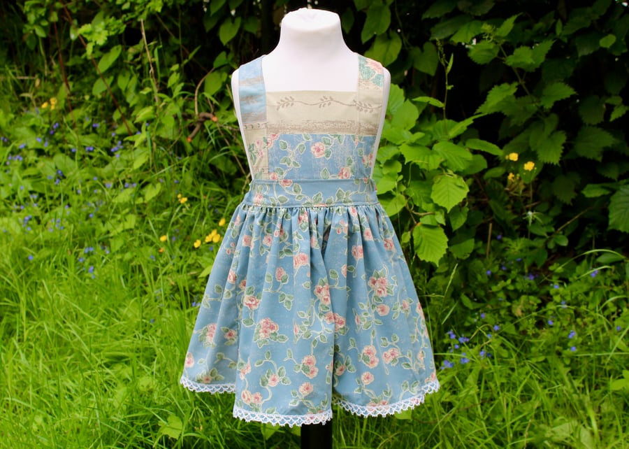 4-5 Years Handmade Blue Floral Pinafore Dress, Wonderland Tea Party Dress