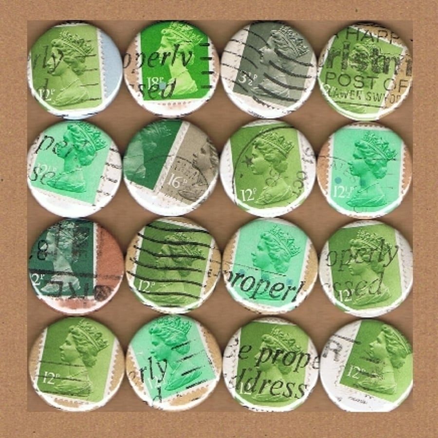 Upcycled vintage postage stamp badge - Machin - GREENS - with mini notecard