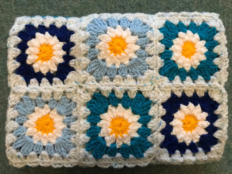 Crocheted Cot Crib Baby Blanket Daisy Squares Blue and White