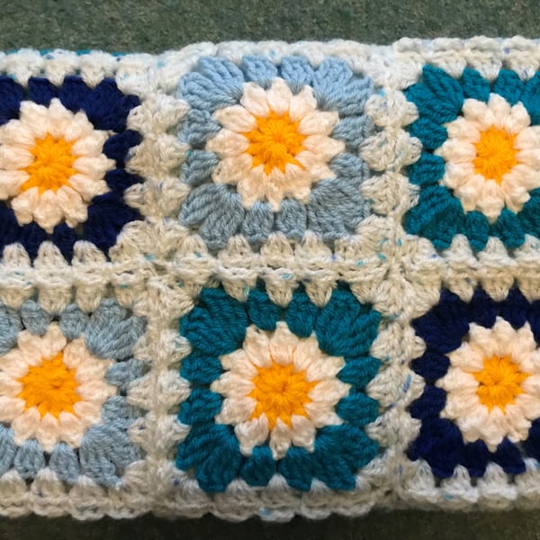 Crocheted Cot Crib Baby Blanket Daisy Squares Blue and White