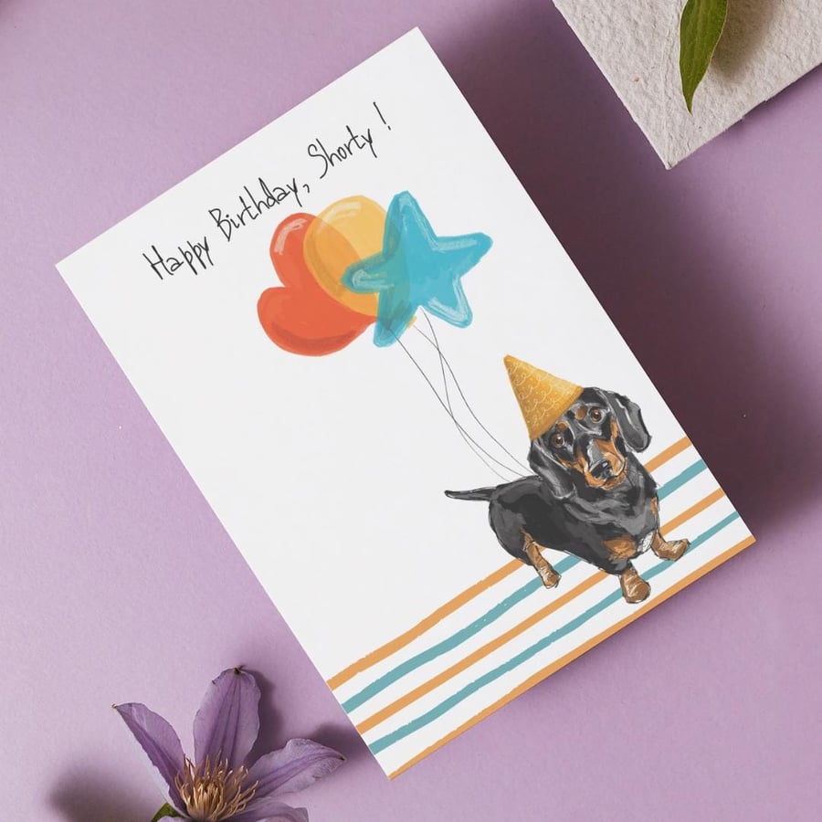 Dachshund Birthday Card - send this hand-drawn illustration of a Dachshund 