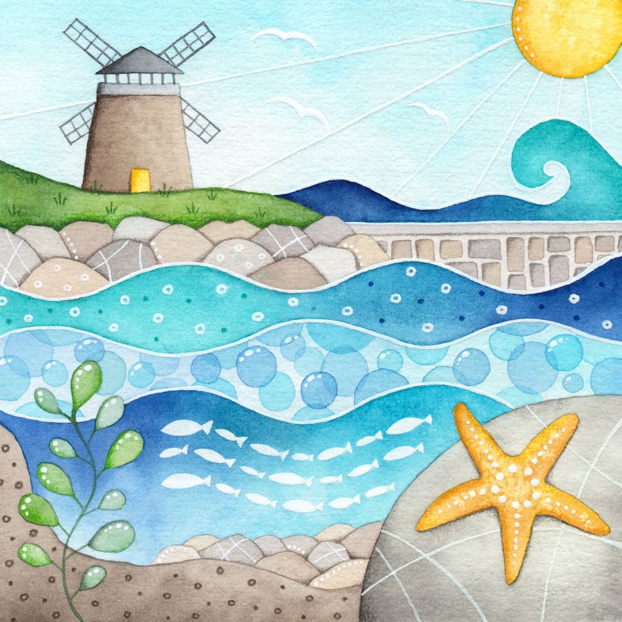 Windmill Framed Print. Seaside Watercolour Painting. St Monans East Neuk of Fife