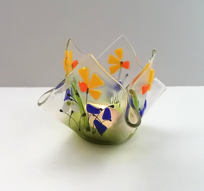Spring floral tealight holder, handcrafted glass art hankercheif candle holder, 