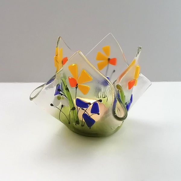 Spring floral tealight holder, handcrafted glass art hankercheif candle holder, 