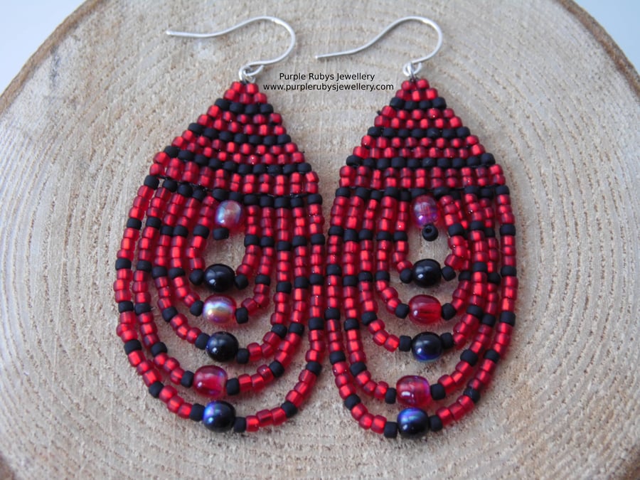 Black & Red Beaded Teardrop Earrings Boho Earrings E553
