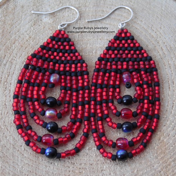 Black & Red Beaded Teardrop Earrings Boho Earrings E553