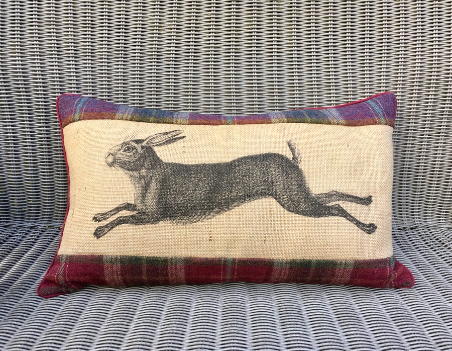 Hare bolster cushion. Rabbit pillow. Free UK P&P. Hessian and tartan cushion. 