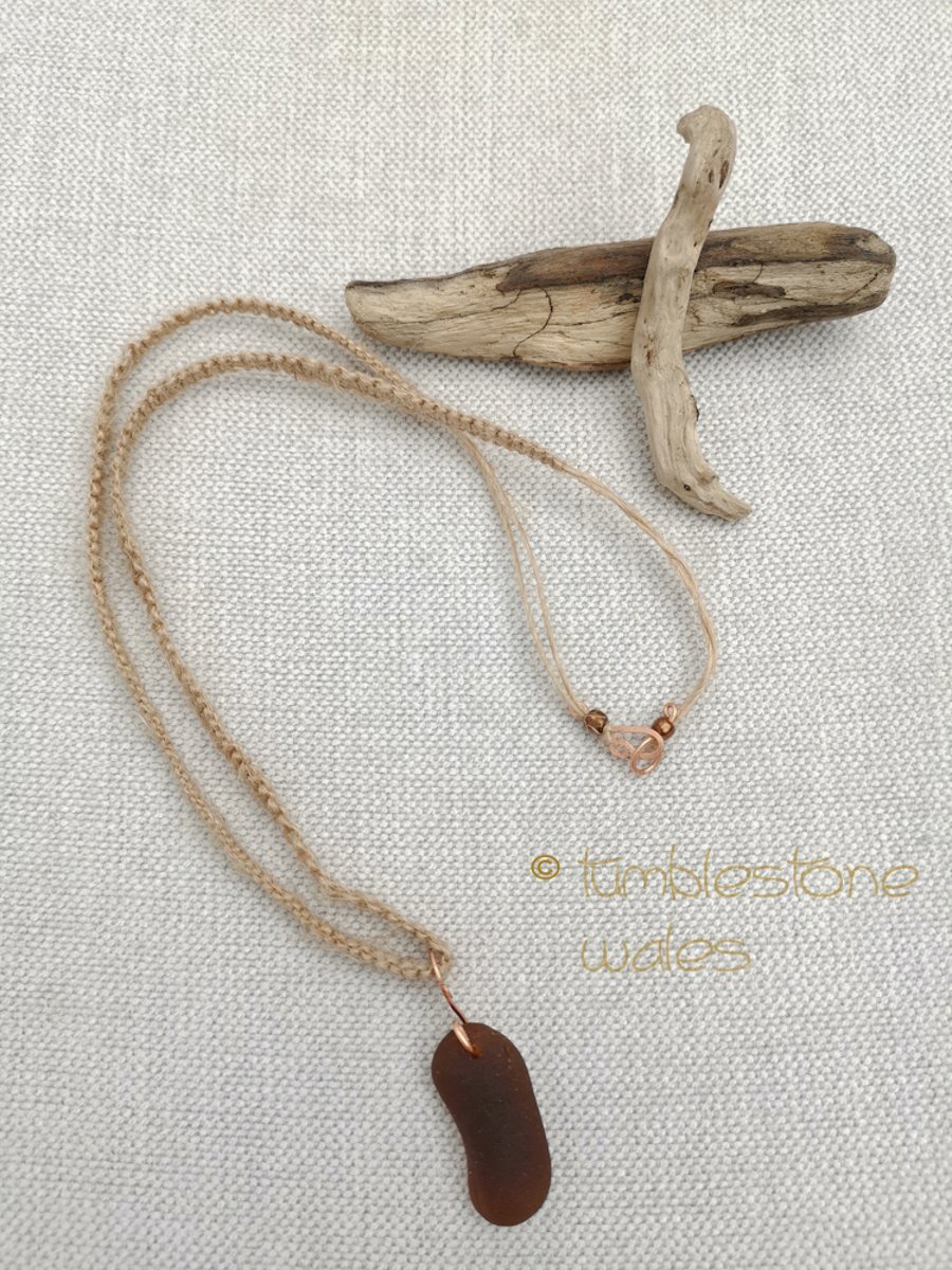 Welsh Brown Seaglass and Organic hemp Necklace