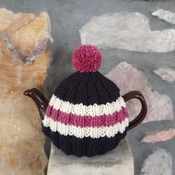 Small Tea Cosy for 2 Cup Tea Pot, Black, Pink, Cream Hand Knitted, Wool Mix