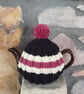 Small Tea Cosy for 2 Cup Tea Pot, Black, Pink, Cream Hand Knitted, Wool Mix