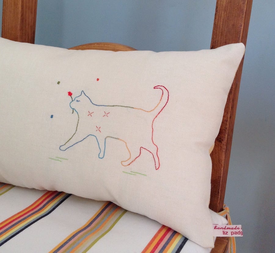 SALE Cushion, Strolling Cat Hand Embroidered Cushion FREE P& P