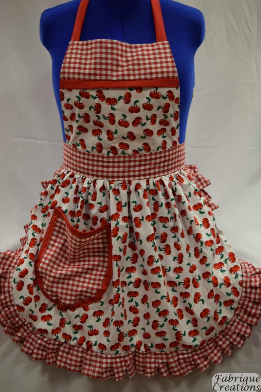 Vintage 50s Style Full Apron Pinny - White & Red - Cherries with Gingham Trim