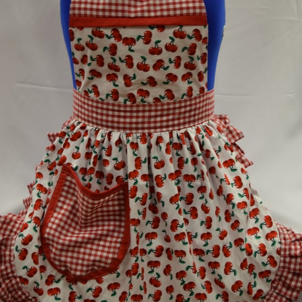 Vintage 50s Style Full Apron Pinny - White & Red - Cherries with Gingham Trim