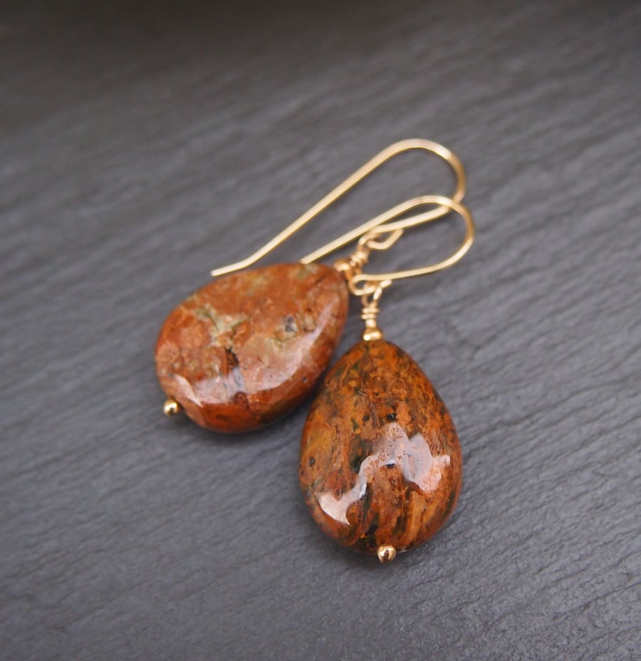 "Mystic"jasper and gold pendant earrings