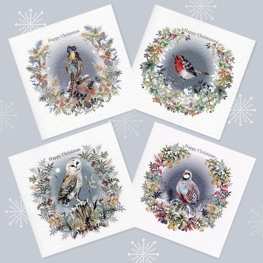 Luxury, Christmas Bird Garland Cards – Unique original designs – pack of four 