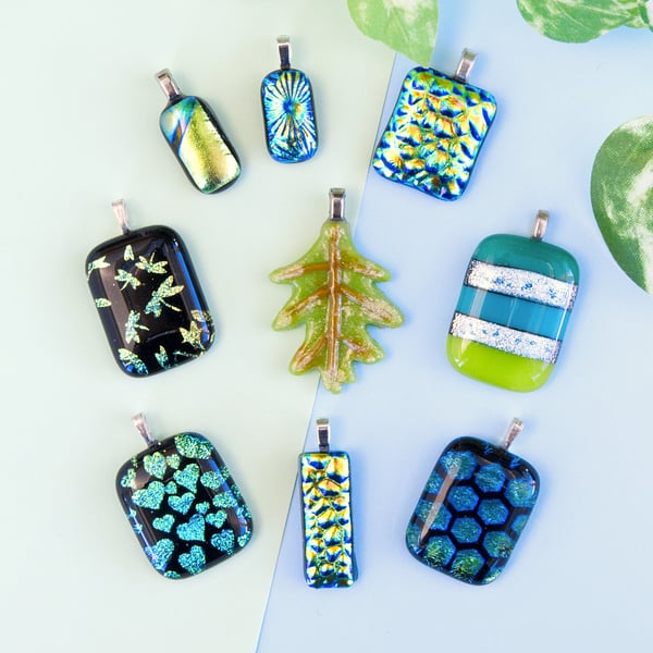 Summery Green Glittery Dichroic Fused Glass Pendants