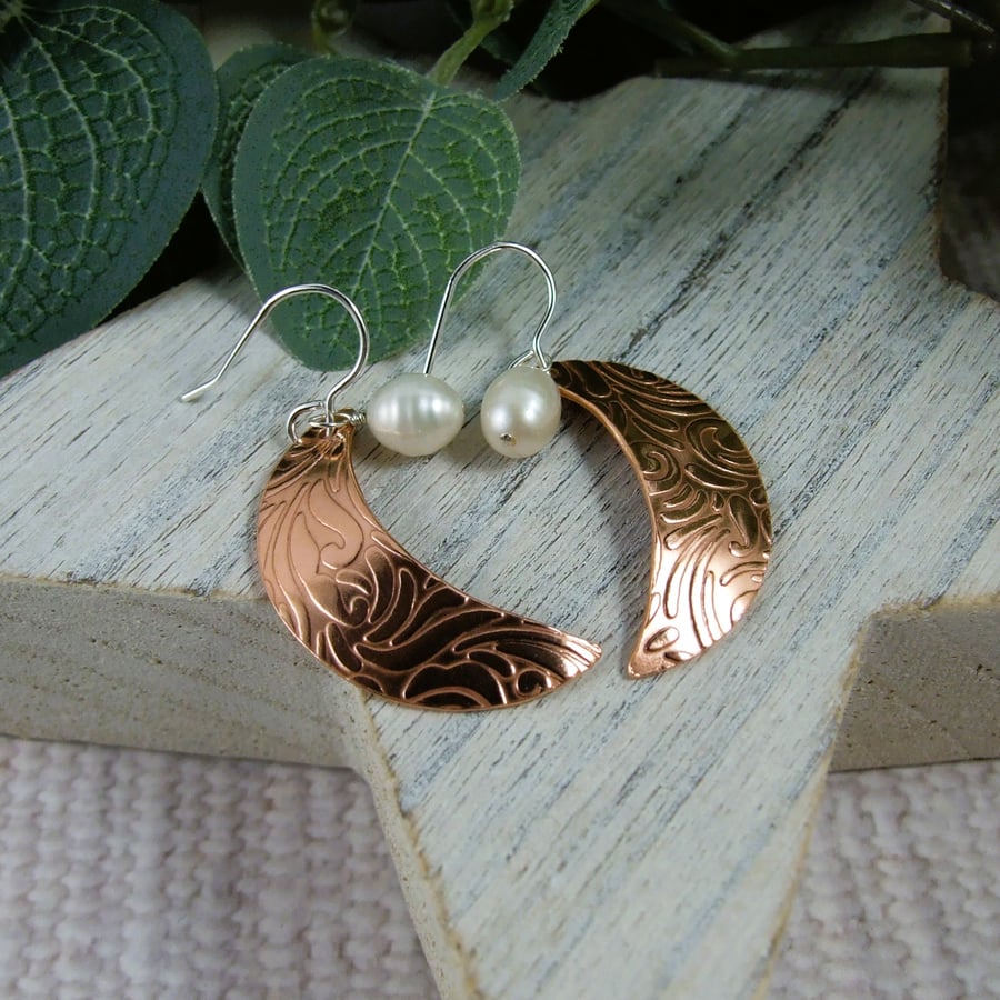 Moon Earrings, Sterling Silver, Copper and Pearl Dropper Earrings
